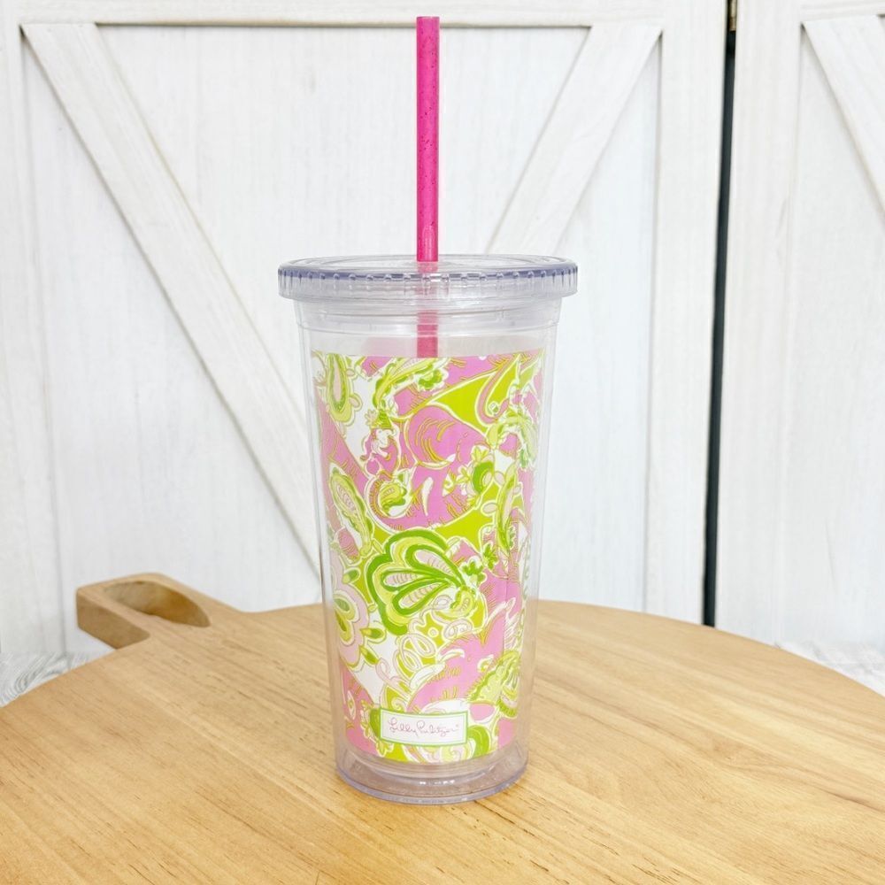 Lilly Pulitzer Elephants Acrylic Tumbler Cup Pink Green 20oz Lid Straw